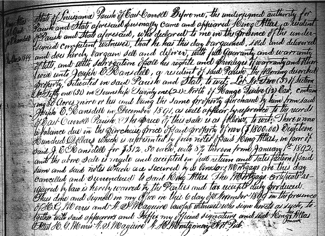 Conveyance Record - King Atlas, Jr. to Senator Joseph Ransdell, Deed on December 30, 1899, Book U, Page 497, East Carroll Parish, LA.