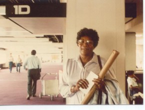 Here's my grandmother, Annie, holding her just received family tree in Memphis International Airport in July 1985.