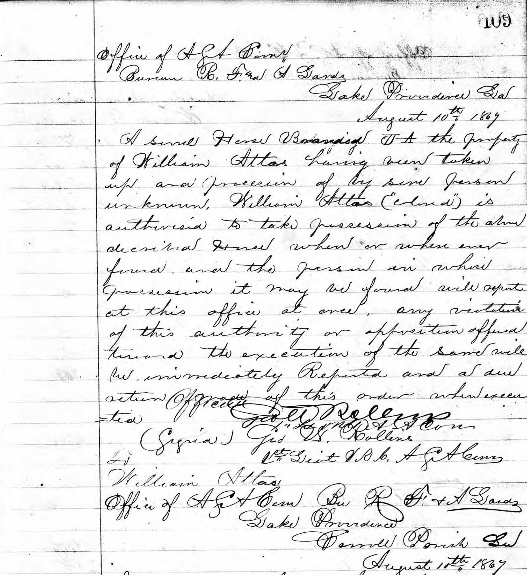 August 10, 1867 letter written on behalf of William S. Atlas by George W. Rollins, Lake Providence, Louisiana Freedmen's Bureau field office agent. The letter details a request for the return of a stolen horse.