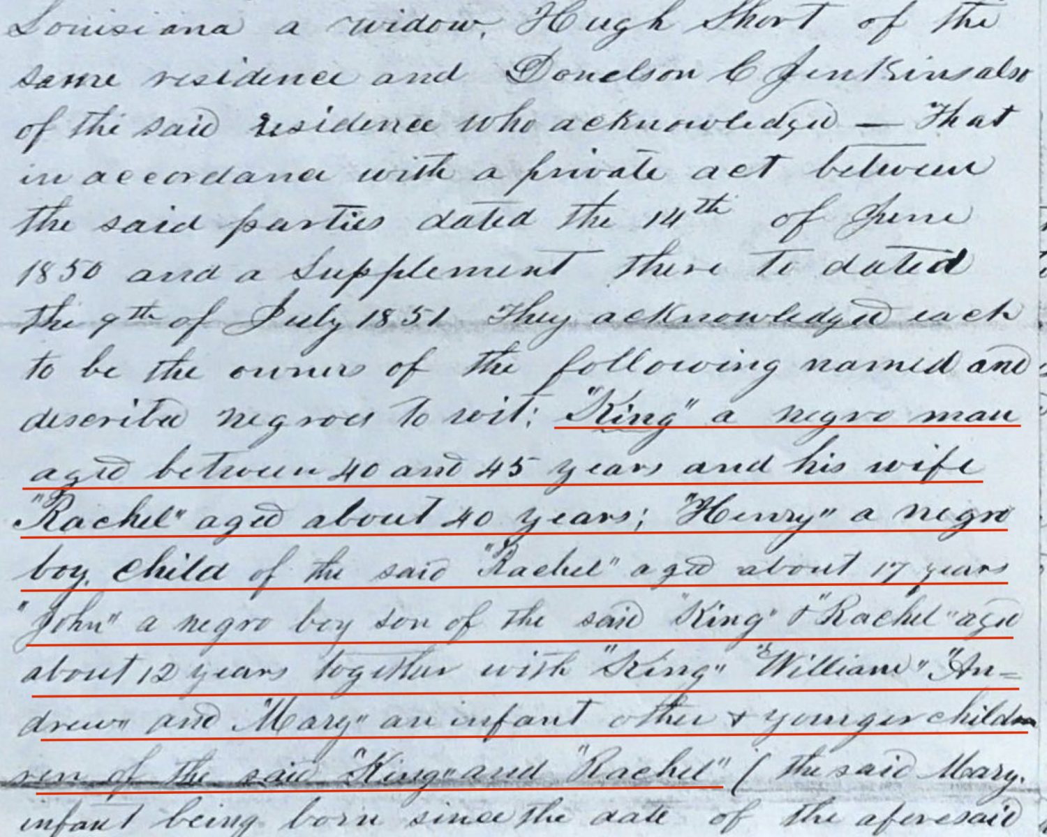 Portion of the June 14, 1850
agreement between Nancy
Caffery Jenkins, Donelson
“D.C.” Jenkins, and Hugh
Short Source: Carroll Parish, Louisiana, Deed Book G, page 259. East
Carroll Parish Clerk of Court, Lake Providence, Louisiana.